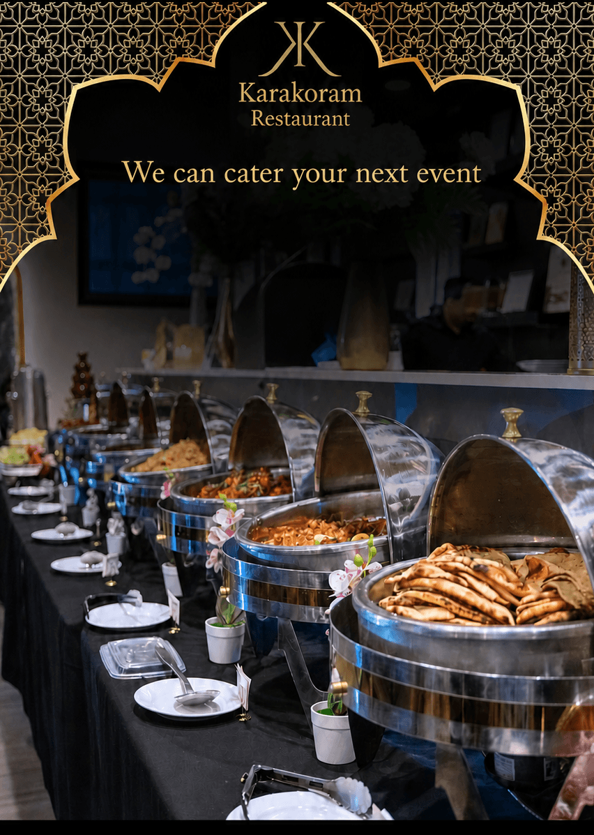 Buffet chafing-dish setup for a catered event at Karakoram Restaurant