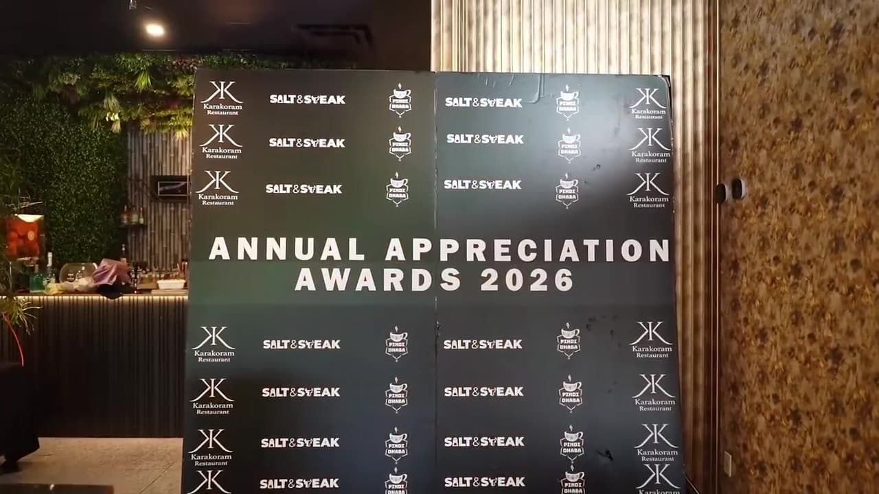 Step-and-repeat backdrop for the Annual Appreciation Awards 2026, showing the Karakoram Restaurant, Salt & Steak and Pindi Dhaba logos